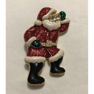 Vintage Santa Claus Christmas Enamel Brooch Red Green White Gold Pin Jewelry